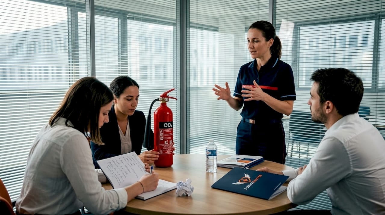 Un formateur spécialisé en sécurité incendie anime une session de sensibilisation auprès des employés dans les locaux de l’entreprise.