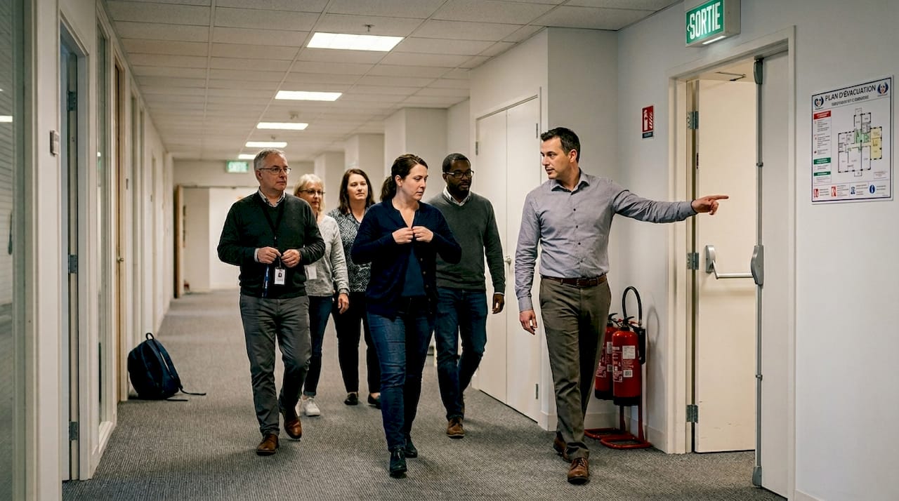 Simulation d'évacuation en cas d'incendie : participation du personnel dans les couloirs