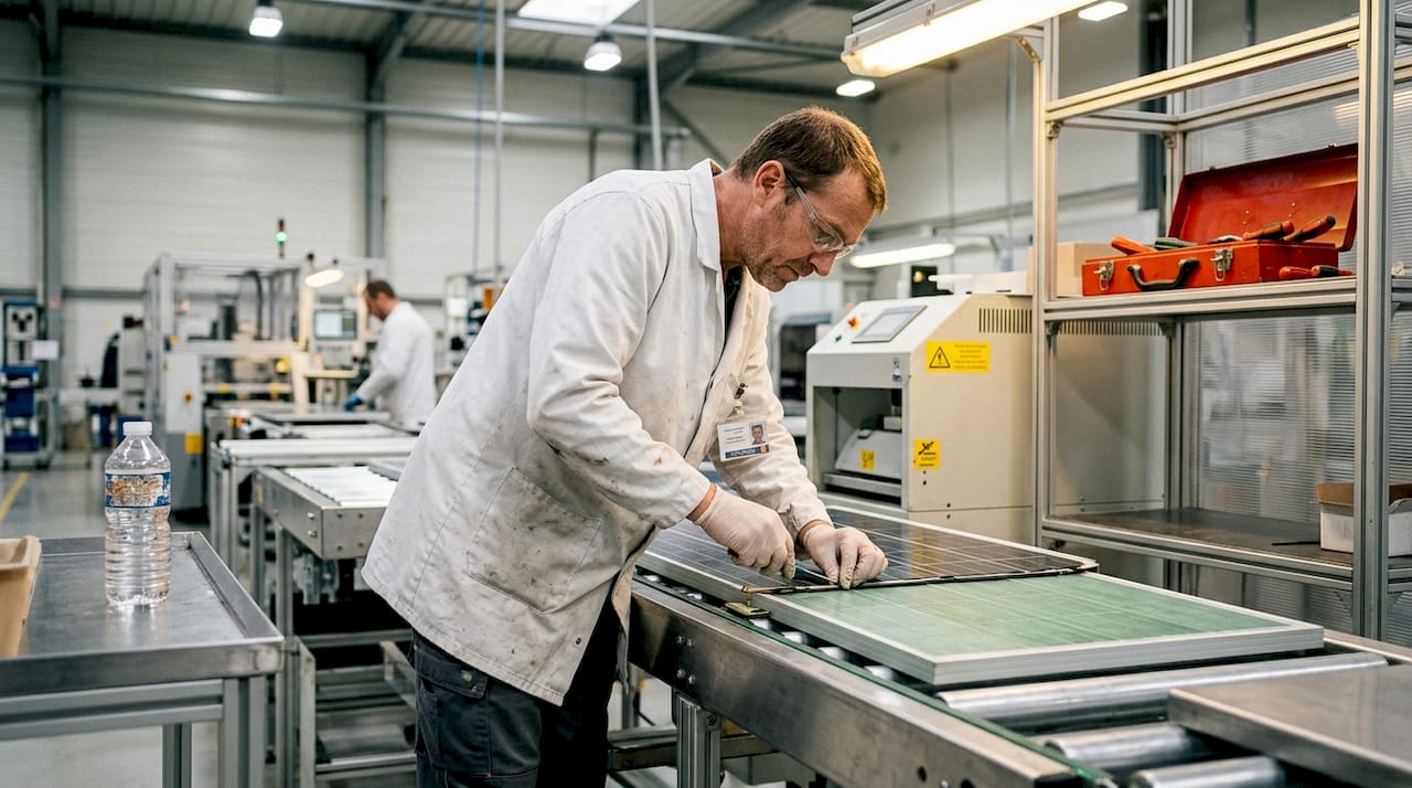 Un opérateur vérifie la qualité des panneaux demi-cellules sur la ligne de production chez Voltec.