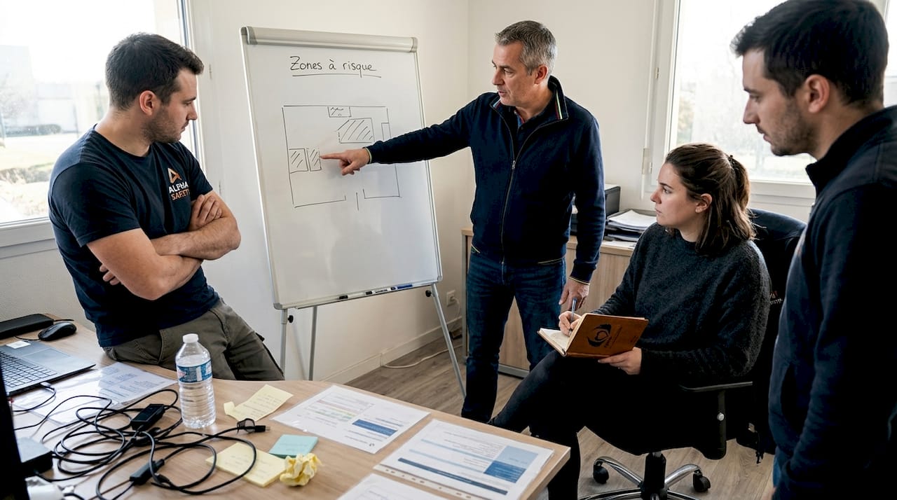 L’équipe se réunit pour évaluer les risques liés au travail et réfléchir aux mesures à mettre en place afin d’assurer la sécurité de tous.