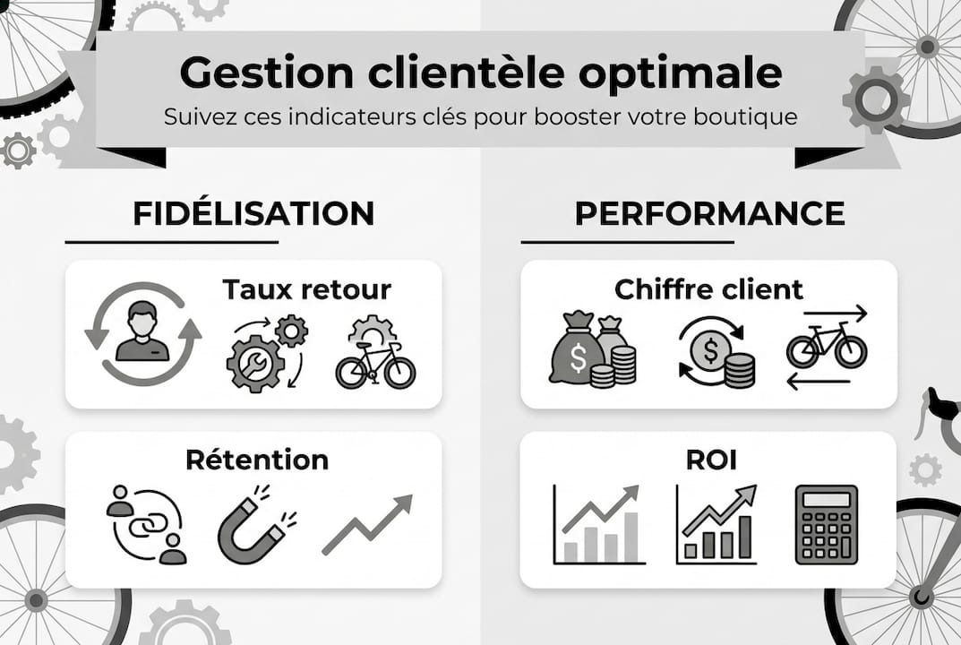 Tableau de bord des principaux indicateurs de gestion de la relation client pour un atelier de réparation de vélos