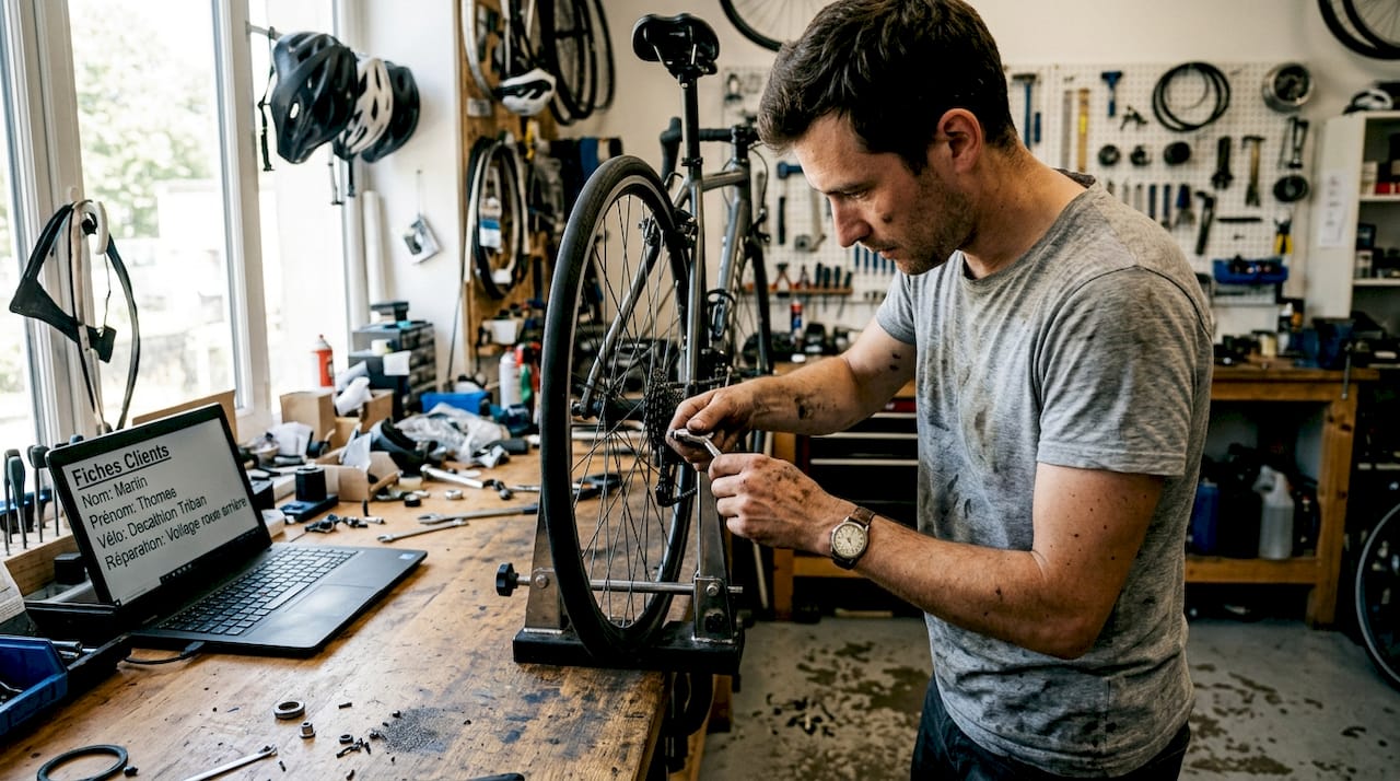 Un mécanicien gère la relation client directement depuis son ordinateur.