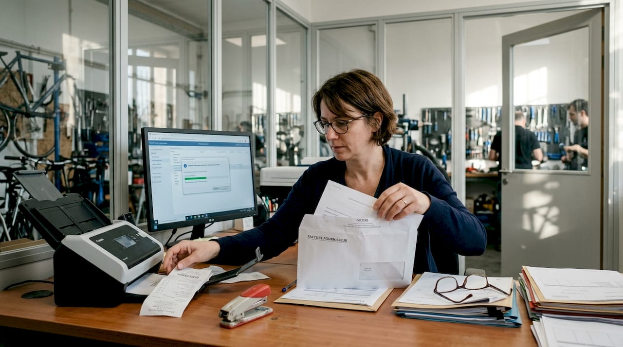 Un responsable administratif en train de numériser une facture sur son bureau, au cœur de l’atelier de réparation de vélos.