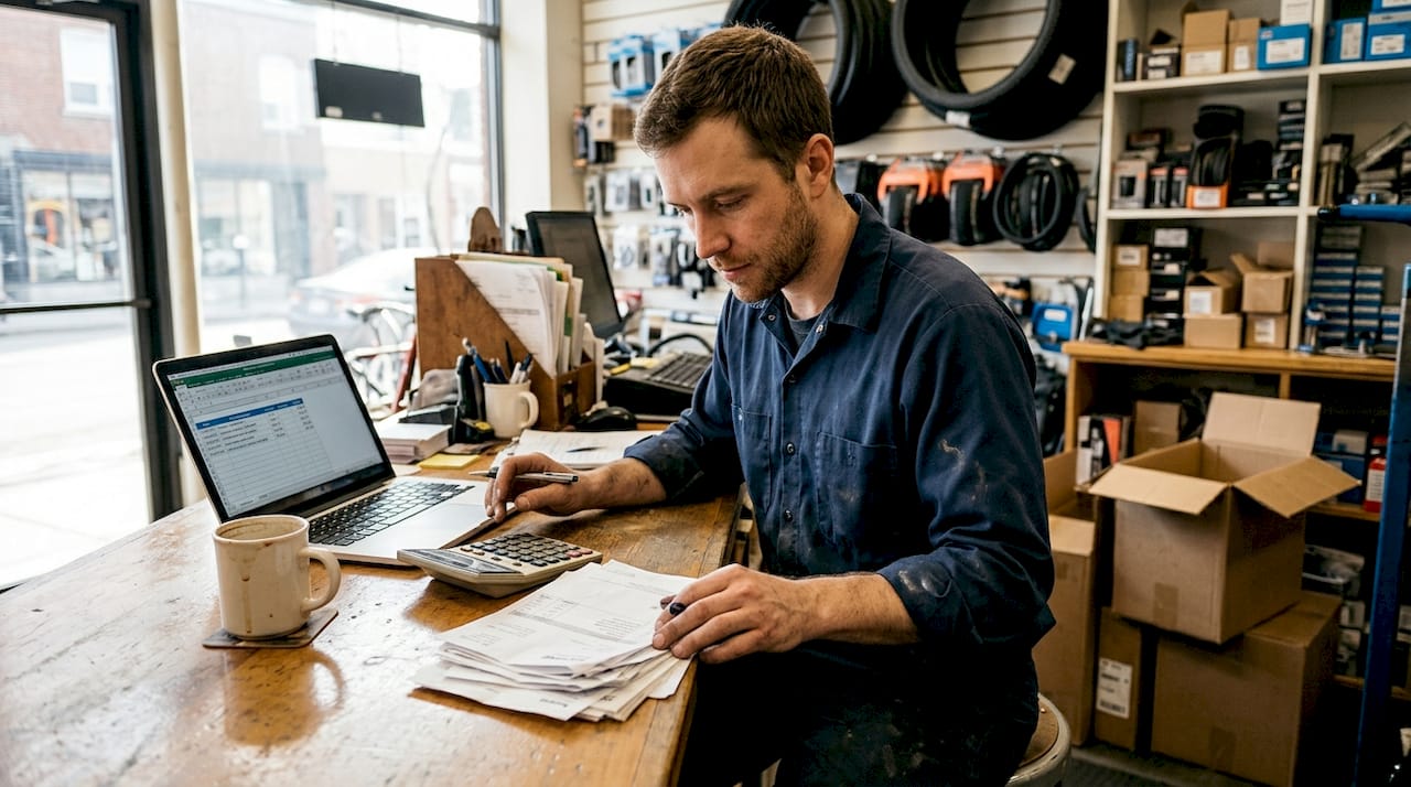 Un mécanicien en train de gérer les factures dans son atelier de réparation de vélos.