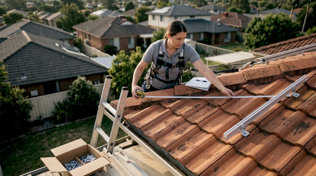 Une spécialiste en installation solaire prend les mesures du toit pour préparer la pose des panneaux photovoltaïques.