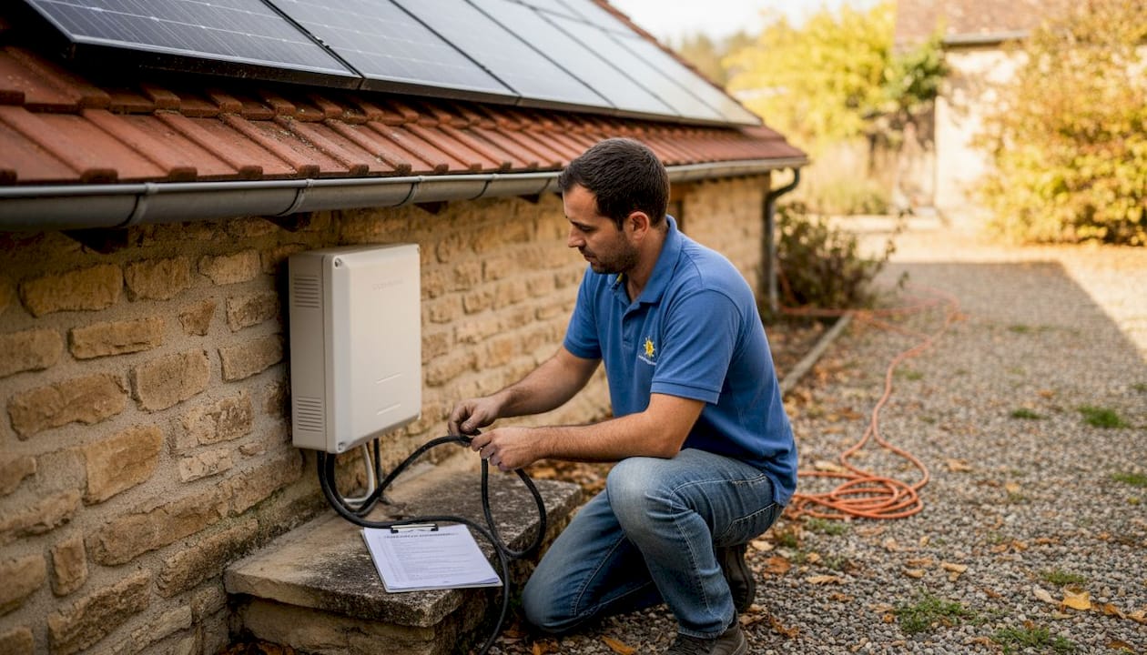 Un technicien procède à des réglages sur un onduleur solaire en plein air.