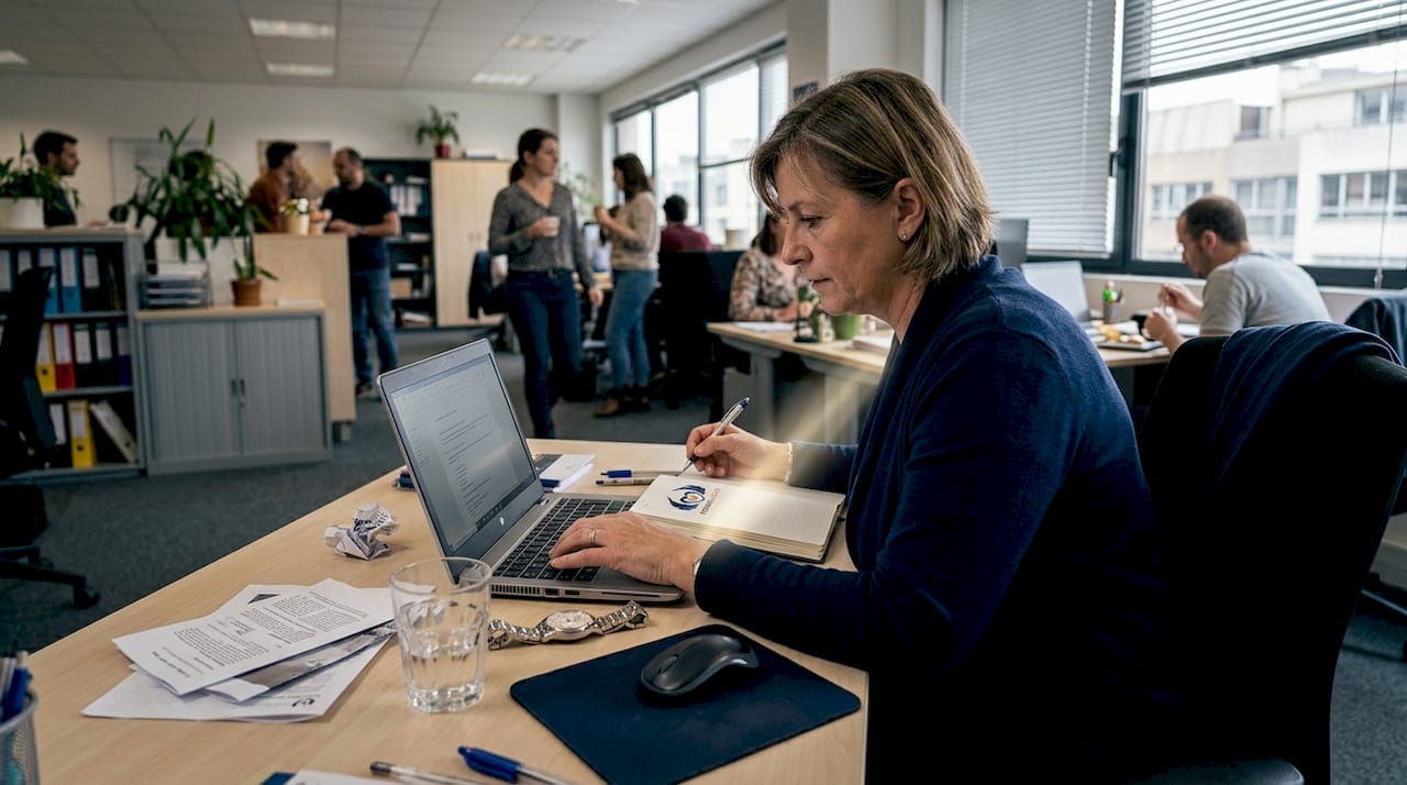 Une représentante du CSE en pleine prise de notes dans l’open space.