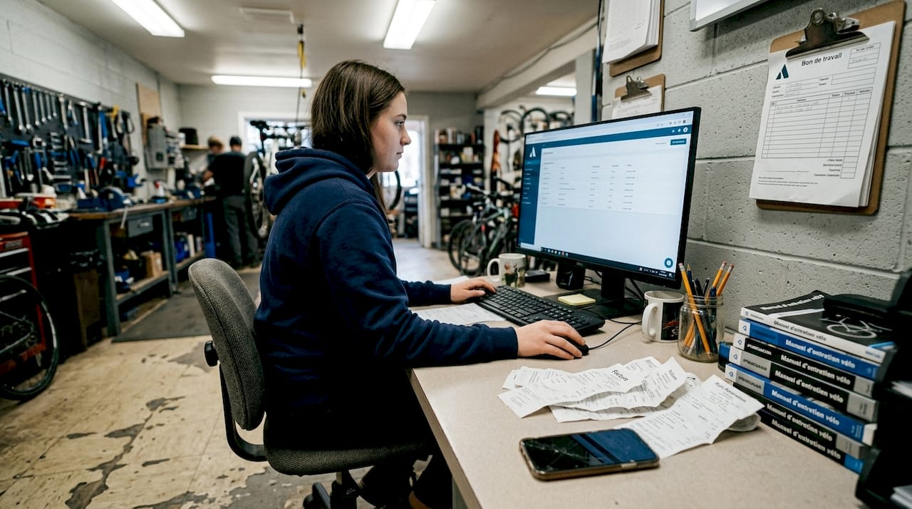 Un mécanicien gère son planning et ses interventions sur un logiciel dédié, installé sur son poste de travail.