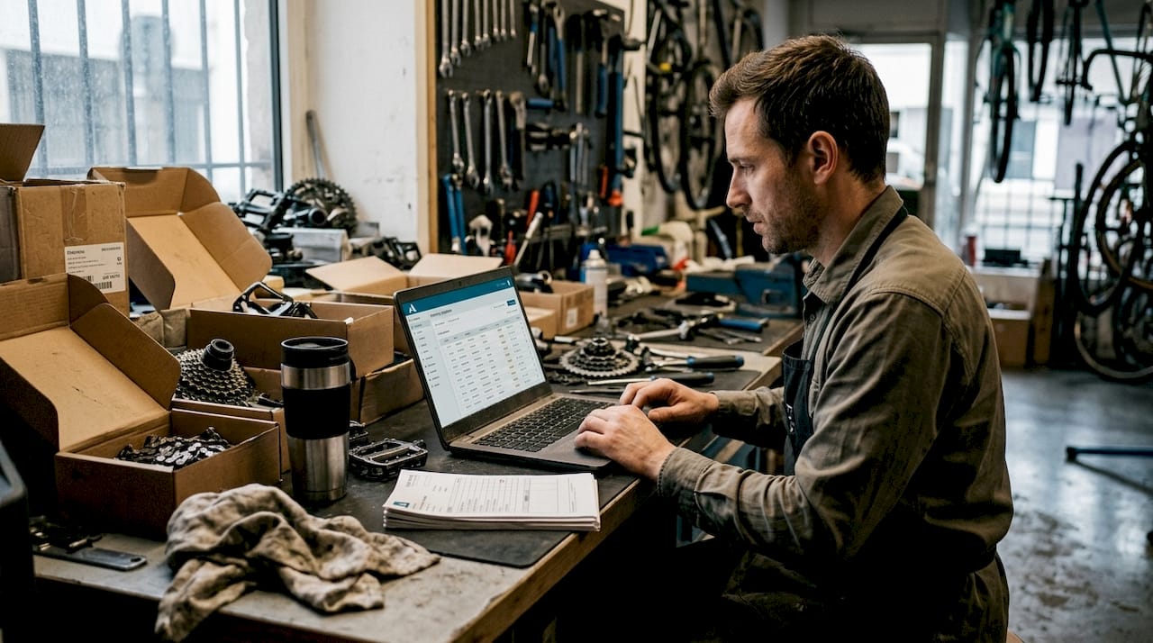 Un mécanicien vélo consulte son ordinateur portable en plein atelier.