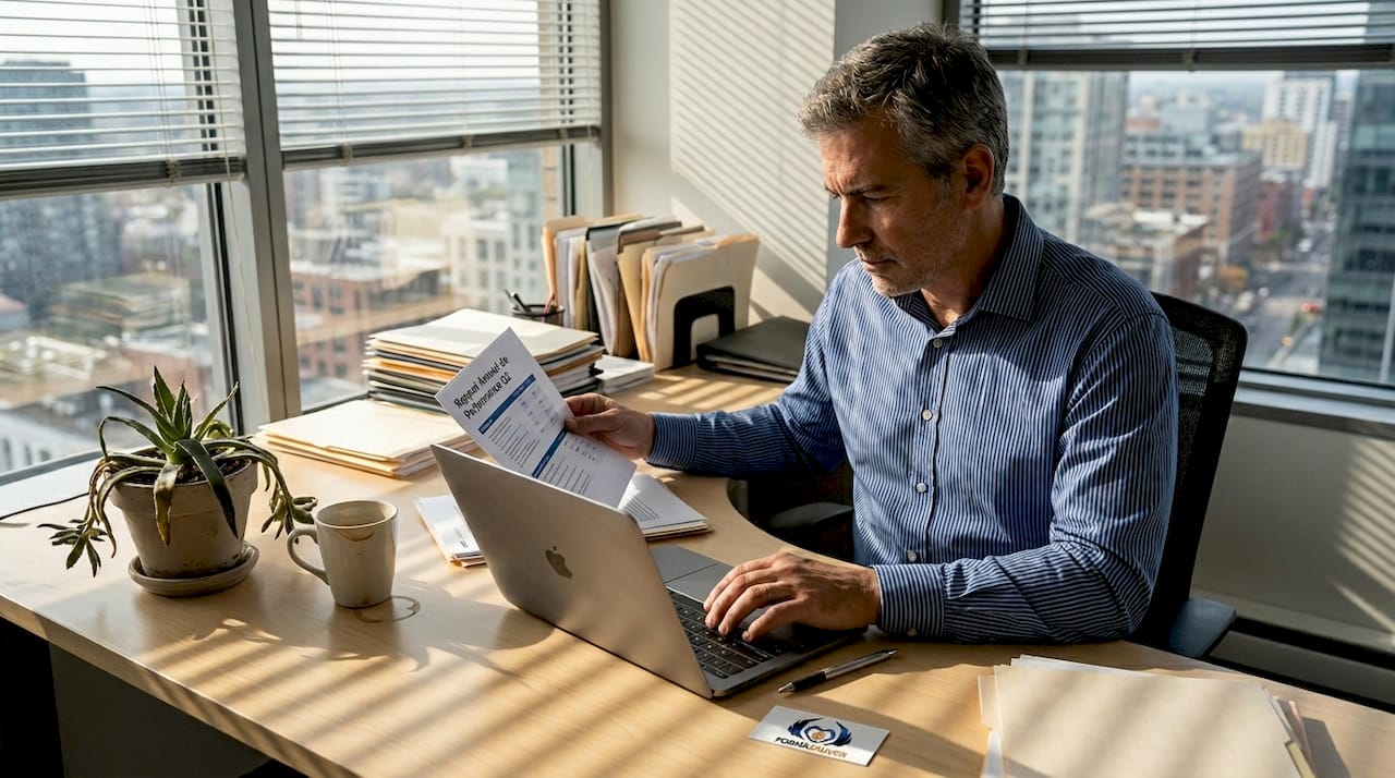 Un chef d’entreprise de PME concentré à son bureau, en train d’examiner un rapport.