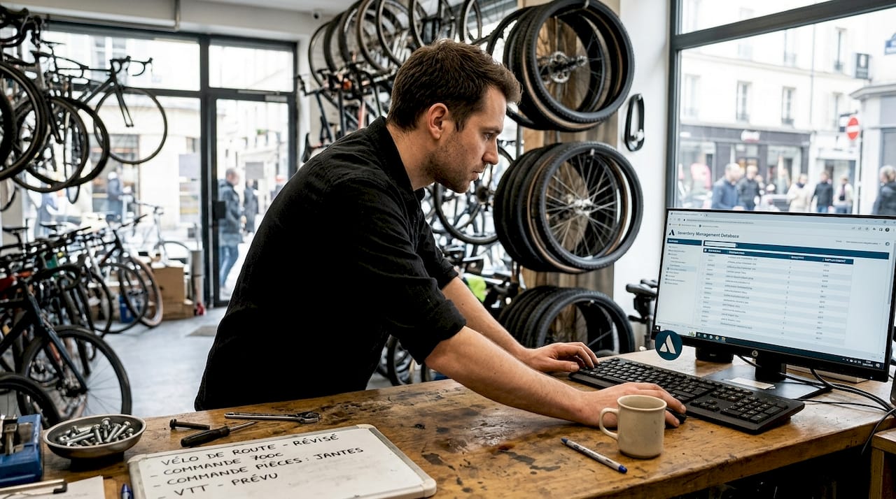 Un technicien cycle consulte l’état des stocks de l’atelier sur son ordinateur.