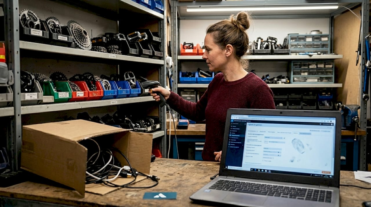 Une salariée contrôle les pièces du vélo dans l’atelier à l’aide d’un logiciel de scan.