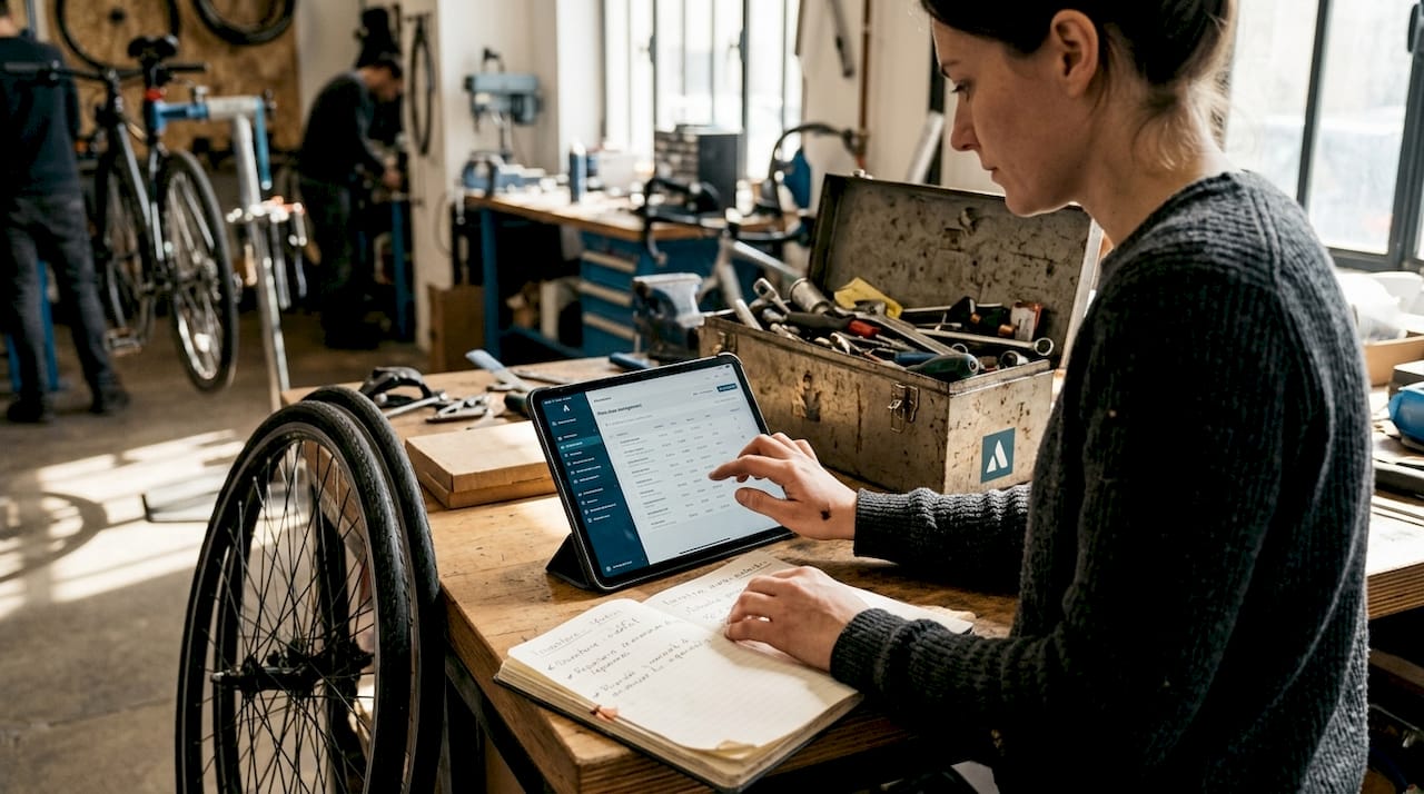 Une technicienne en train de préparer un devis directement sur l’application dédiée à l’atelier.