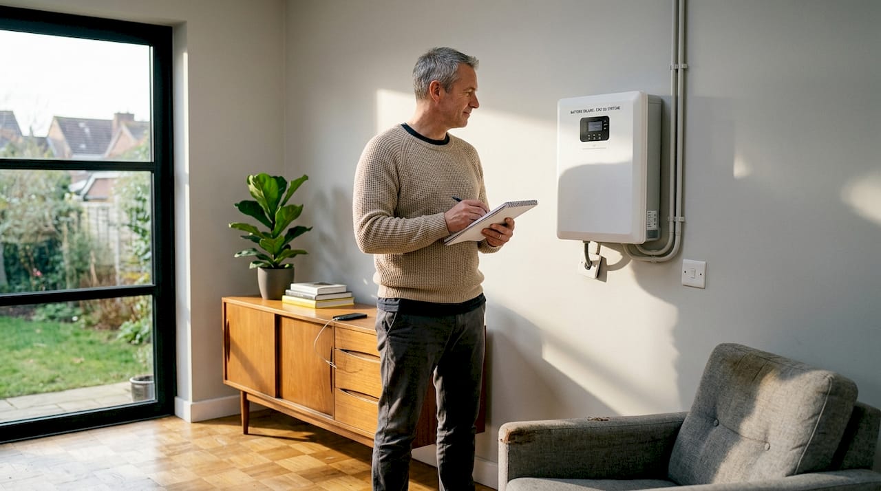 Dans son salon, un homme inspecte le fonctionnement de sa batterie solaire.