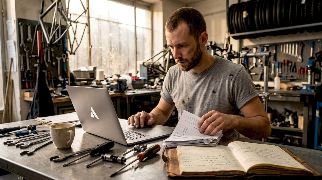 Un mécanicien vélo en train de vérifier ses factures sur son établi.