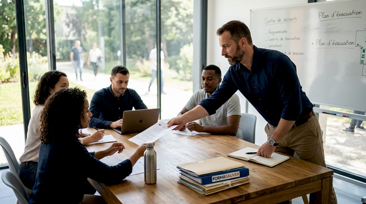 Le formateur remet aux participants les documents sur les consignes de sécurité.