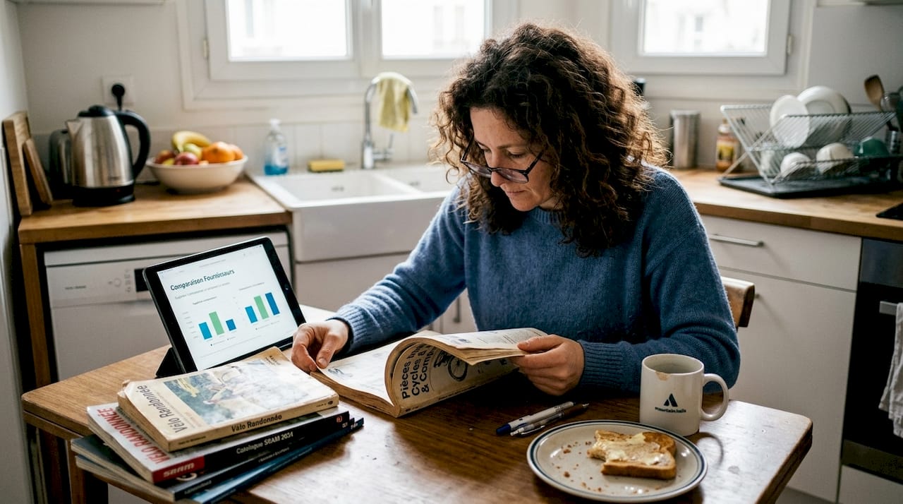 Une femme compare les catalogues de fournisseurs de pièces détachées pour vélos afin de trouver les meilleures options.