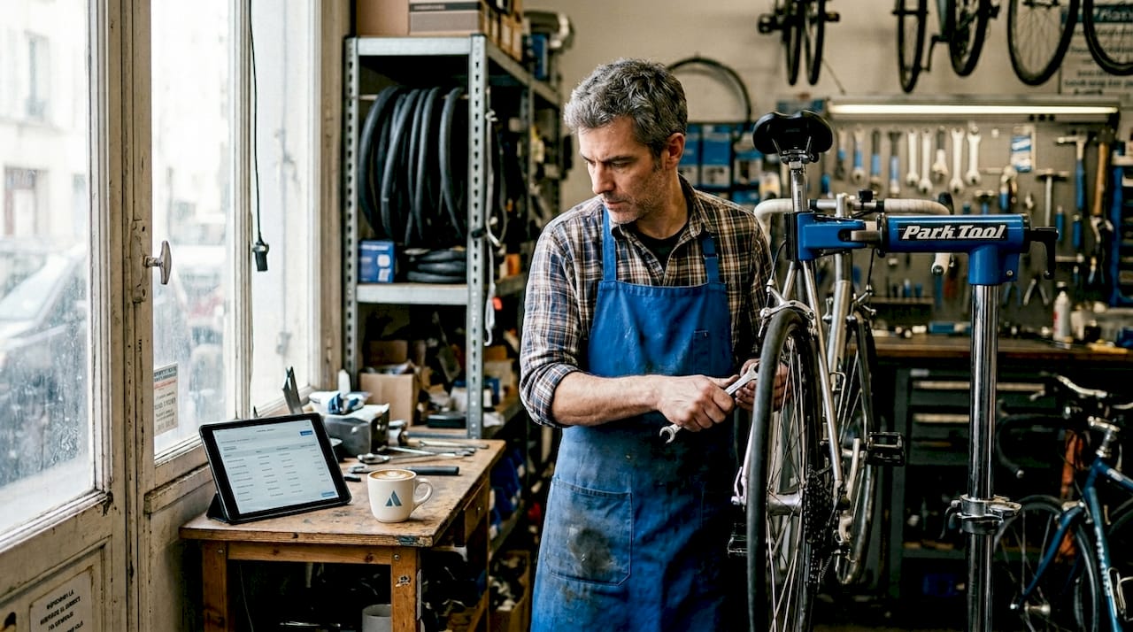 Un mécanicien s'occupe de régler un vélo dans un atelier de réparation en ville.