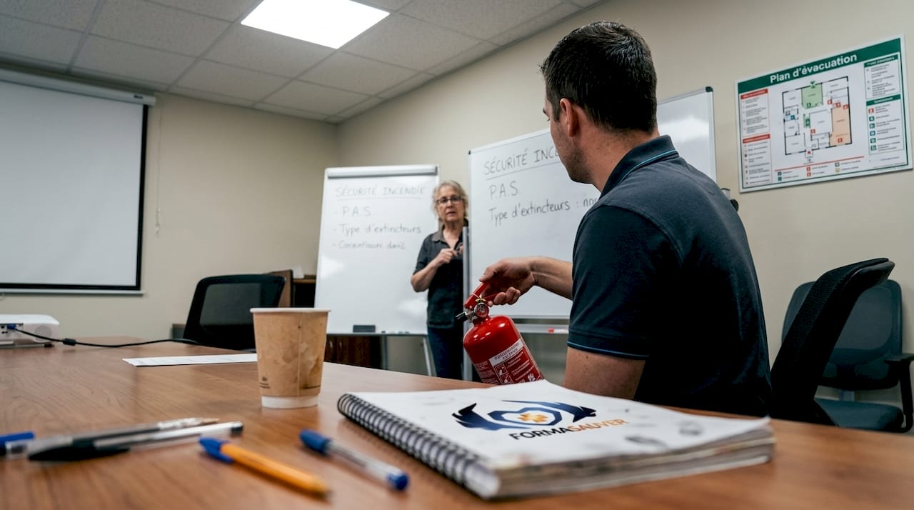 Salarié suivant une formation à la sécurité incendie en PME