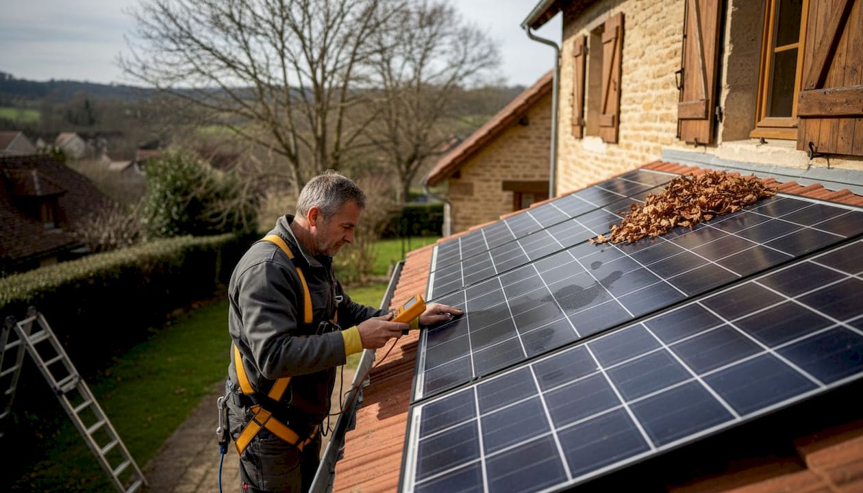 Un propriétaire inspecte ses panneaux solaires pour s'assurer qu'ils ne sont pas ombragés.