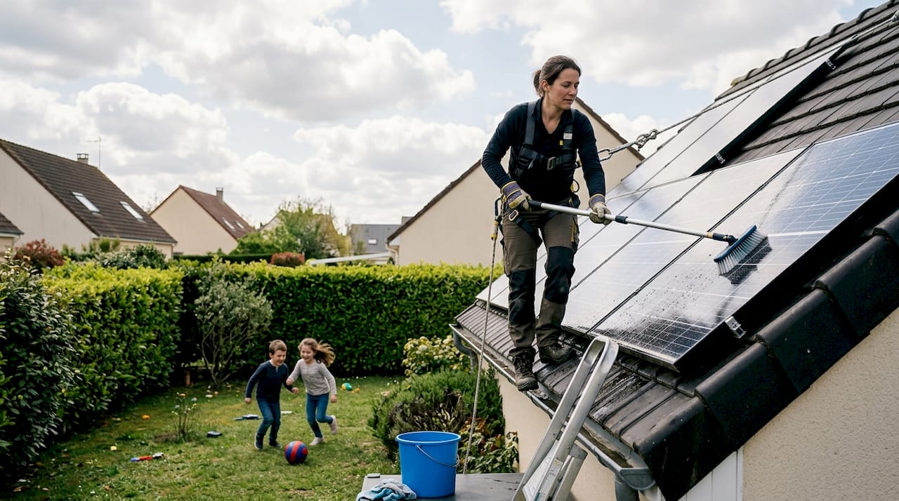 Une famille s'occupe de l'entretien des panneaux solaires installés sur le toit de leur maison.