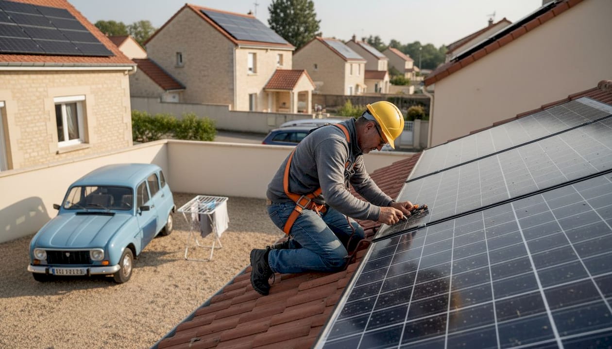 Un technicien effectue une vérification des panneaux solaires installés sur le toit d’une maison en banlieue.
