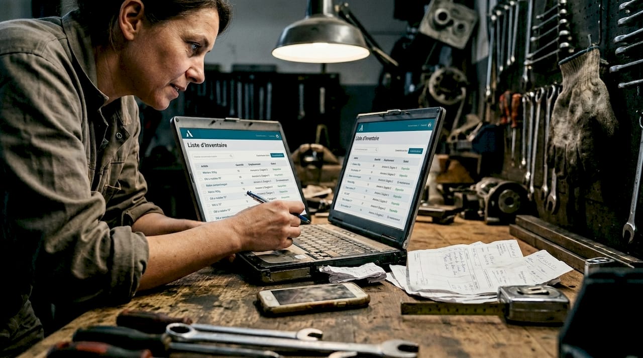 Un responsable vérifie l’état des stocks à l’aide d’un logiciel, posé sur son établi.