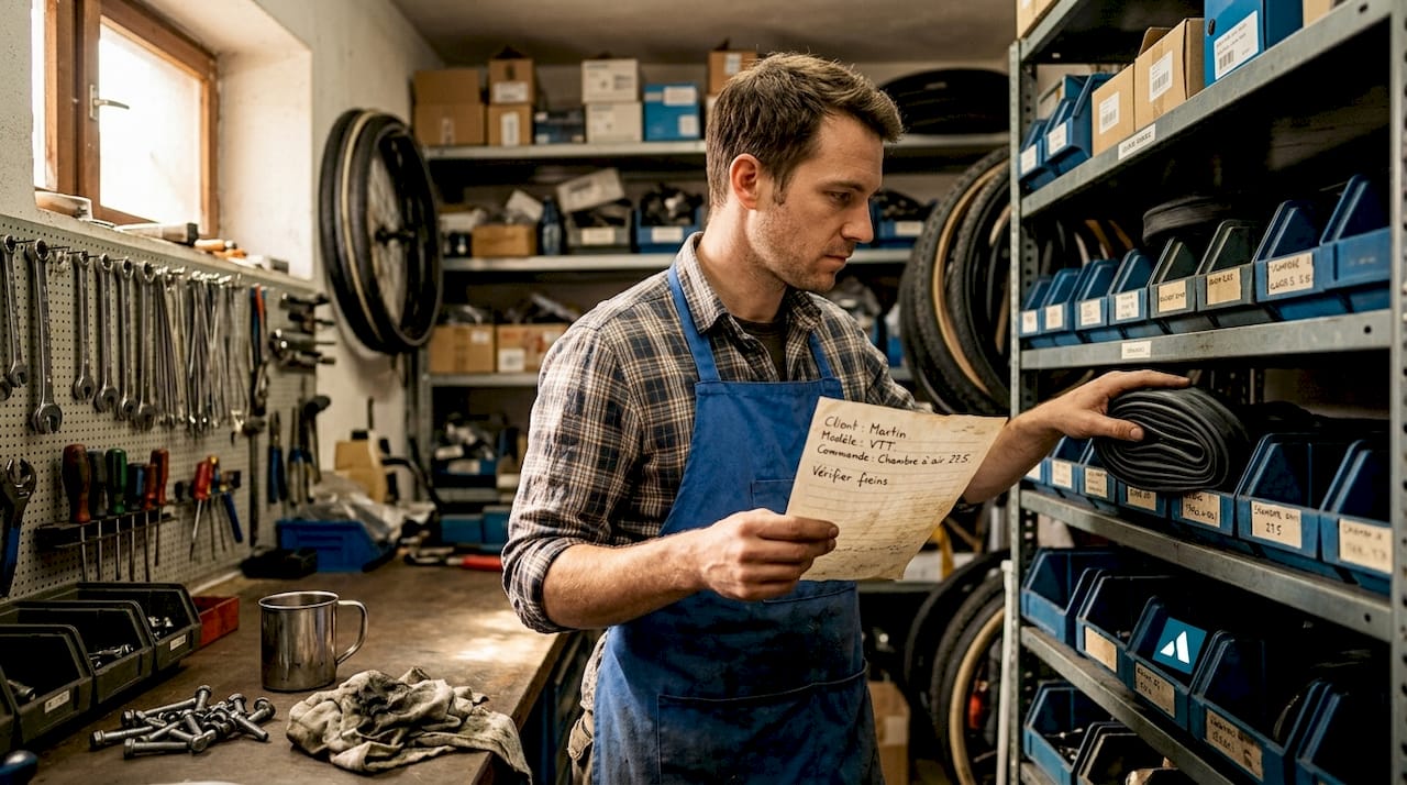 Un mécanicien vélo en train de trier les différentes pièces dans son atelier, préparant le matériel pour les réparations à venir.