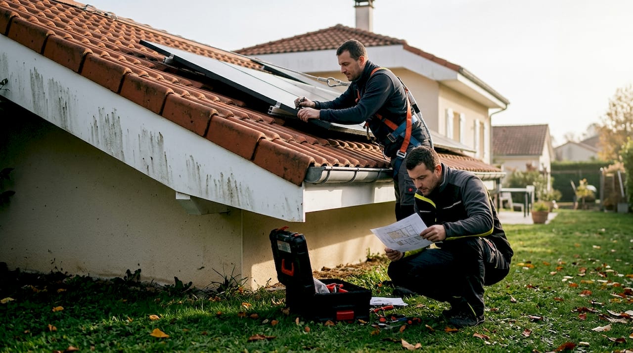 Un professionnel installe des panneaux solaires sur le toit d’une habitation.