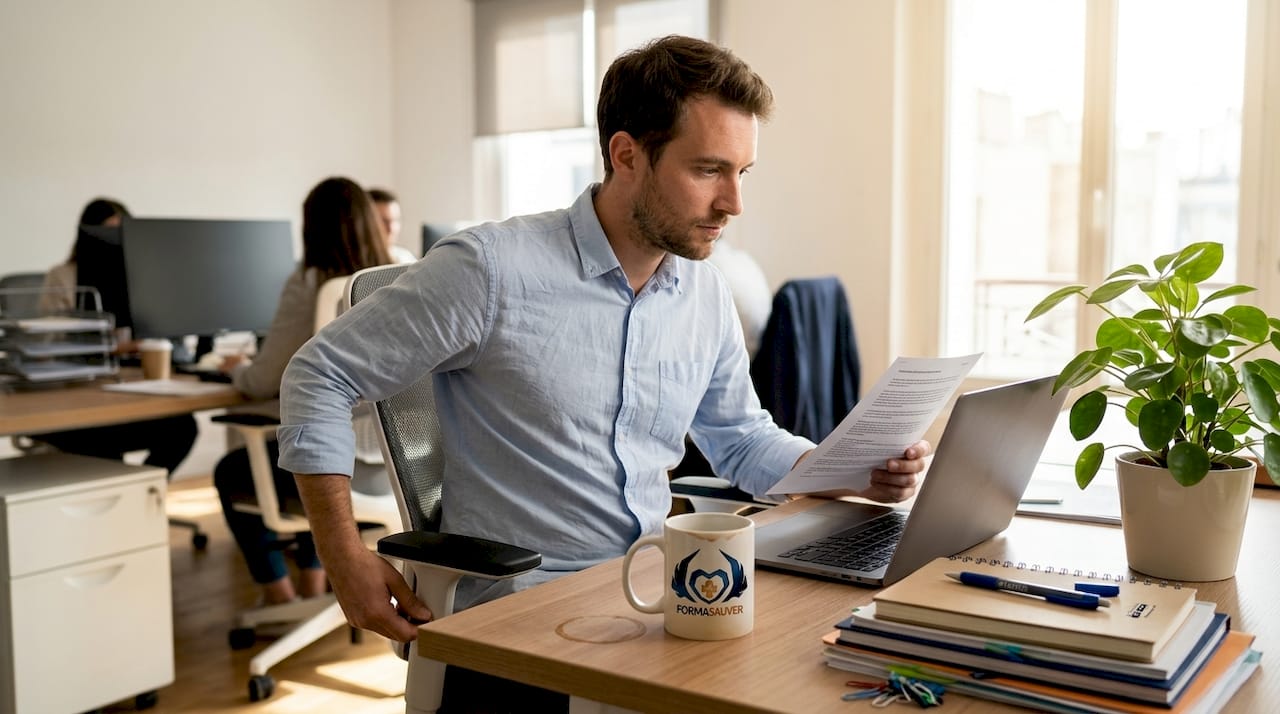 Un salarié règle son siège pour adopter une posture saine au travail.