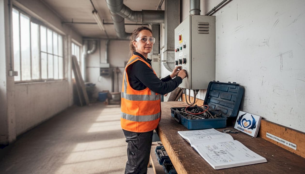 Une technicienne procède à la vérification du système de ventilation dans l’atelier afin de garantir la sécurité des lieux.
