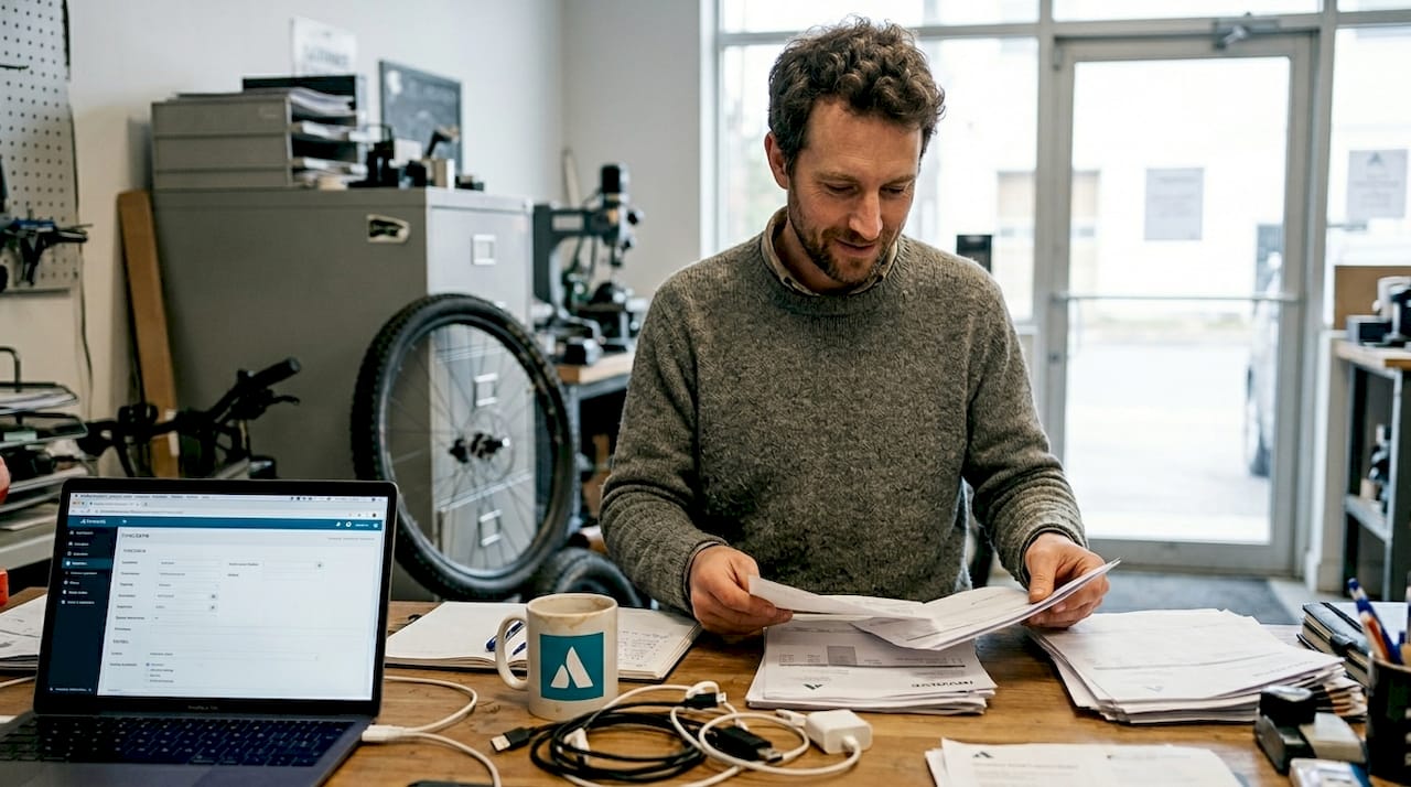 Le responsable de l’atelier vélo passe en revue ses factures, soigneusement installées sur son bureau.