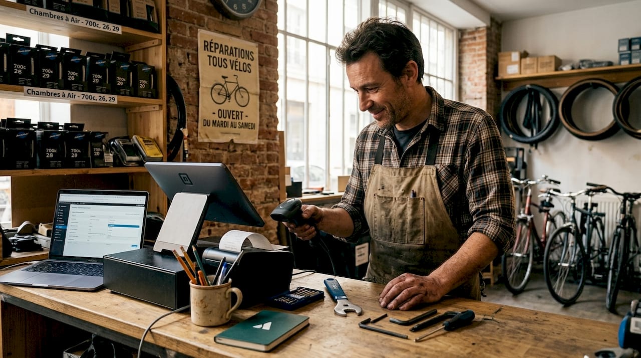 Le mécanicien vélo enregistre le reçu directement sur la caisse de l’atelier.