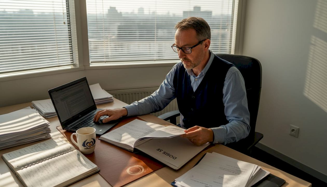 Une responsable RH en PME en train d’examiner les documents du CSE dans son bureau.