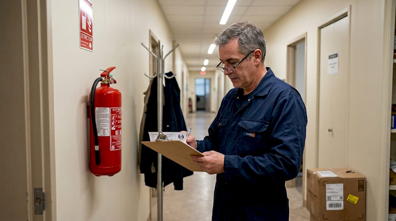 Un agent de maintenance vérifie l’état des extincteurs dans les locaux de l’entreprise.