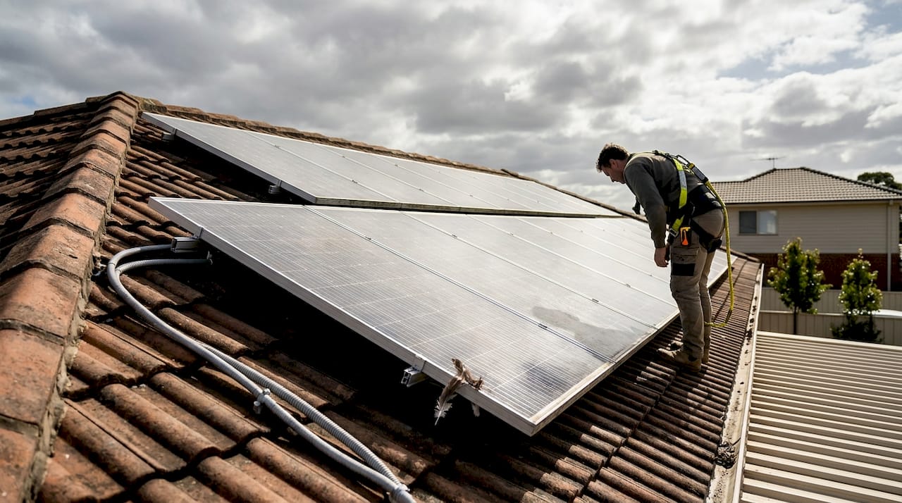 Un ciel couvert plane au-dessus d'une maison équipée de panneaux solaires.