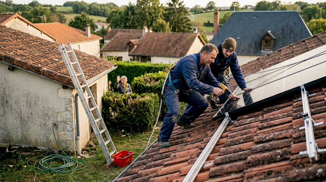 Des techniciens s'affairent à poser des panneaux solaires sur les toits d’un village.