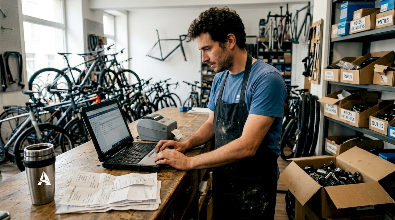 Le gérant du magasin de vélos s'assure que les stocks sont bien à jour.