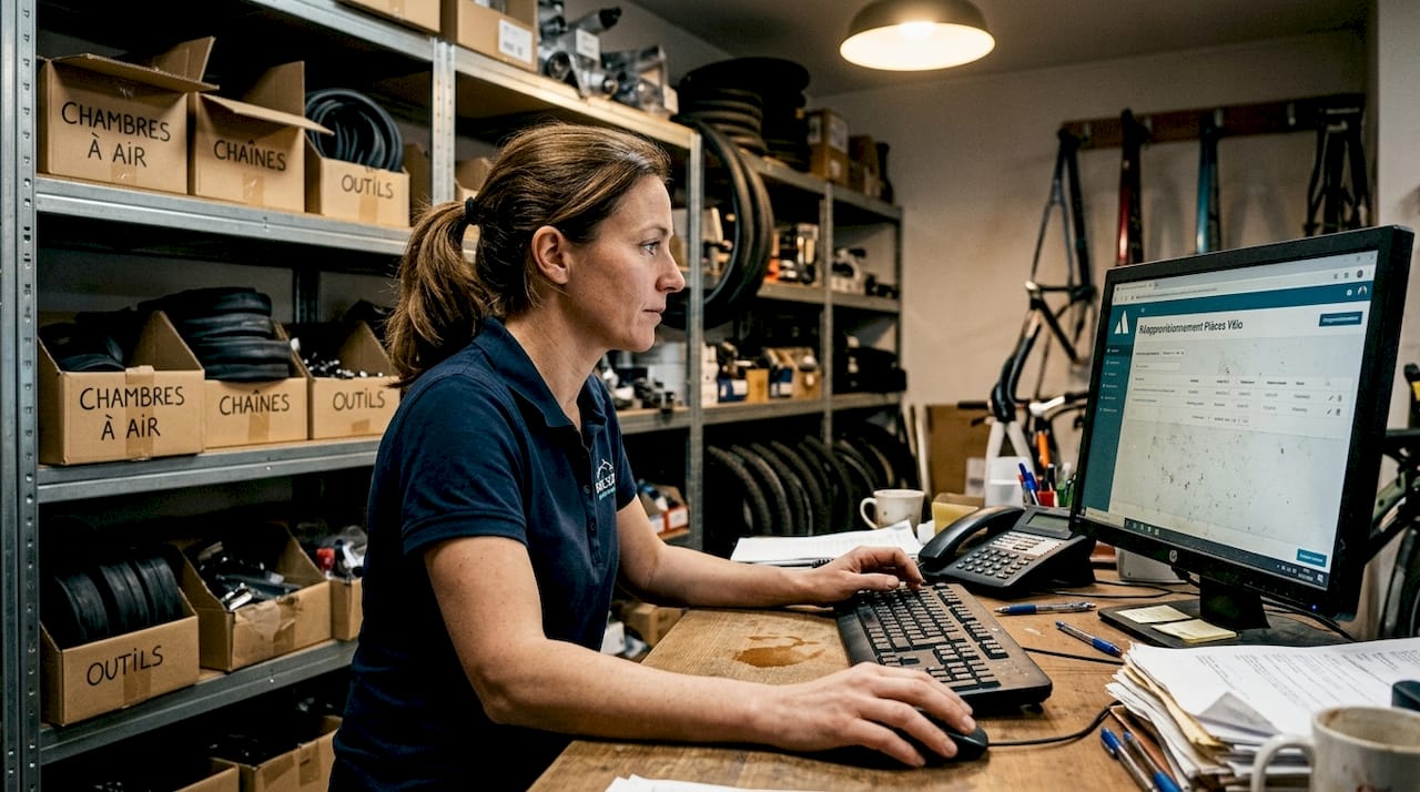 Une salariée en train de passer une commande auprès d’un fournisseur de vélos