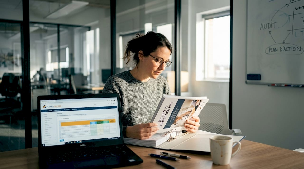 Le responsable santé et sécurité en entreprise contrôle les dossiers et documents dans son bureau au sein d’une PME.