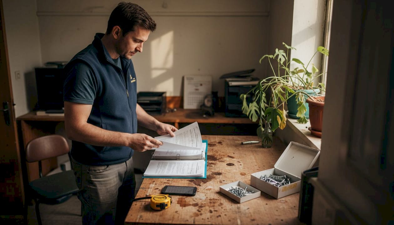 Un professionnel du solaire passe en revue les documents pour établir un devis précis.