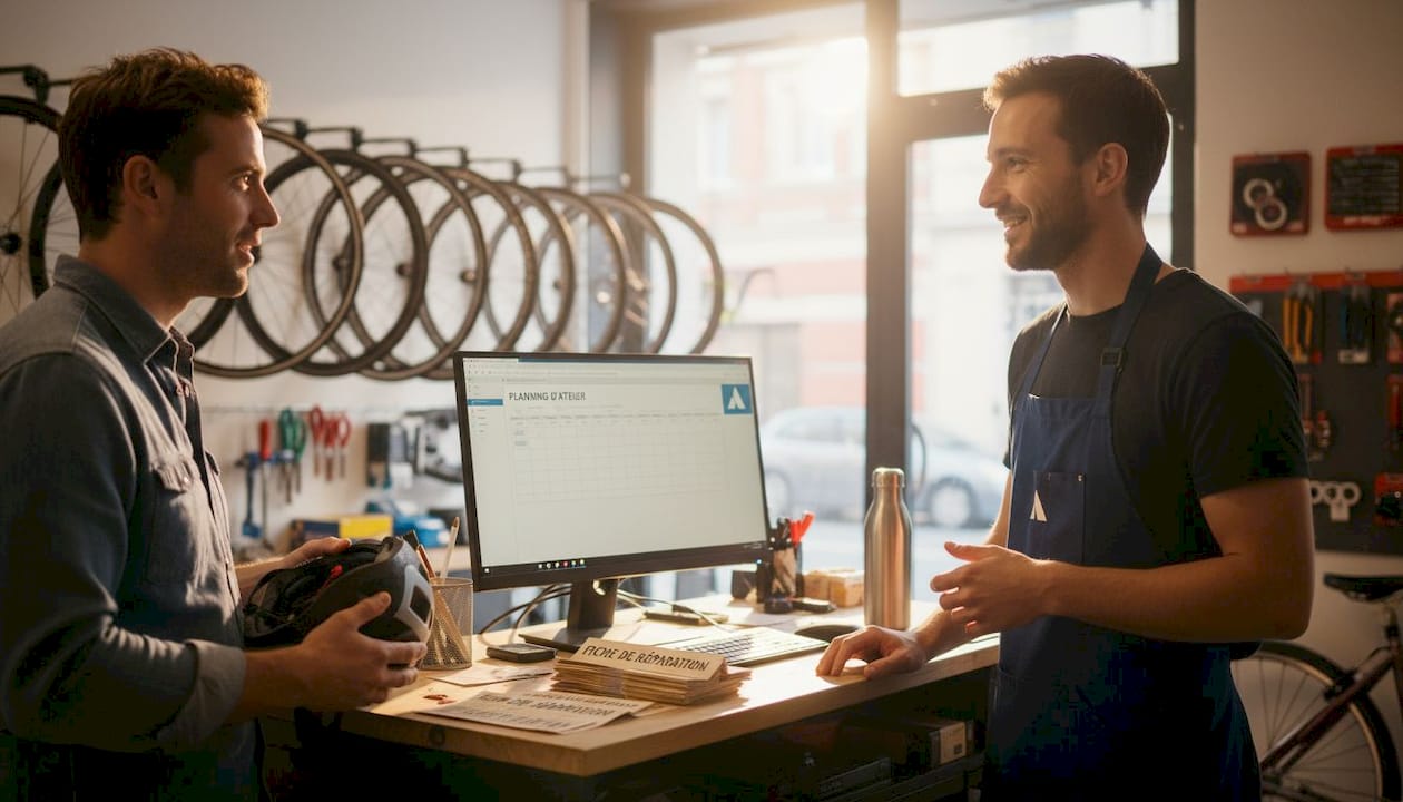 Un spécialiste du vélo conseille un client au comptoir de l’atelier.