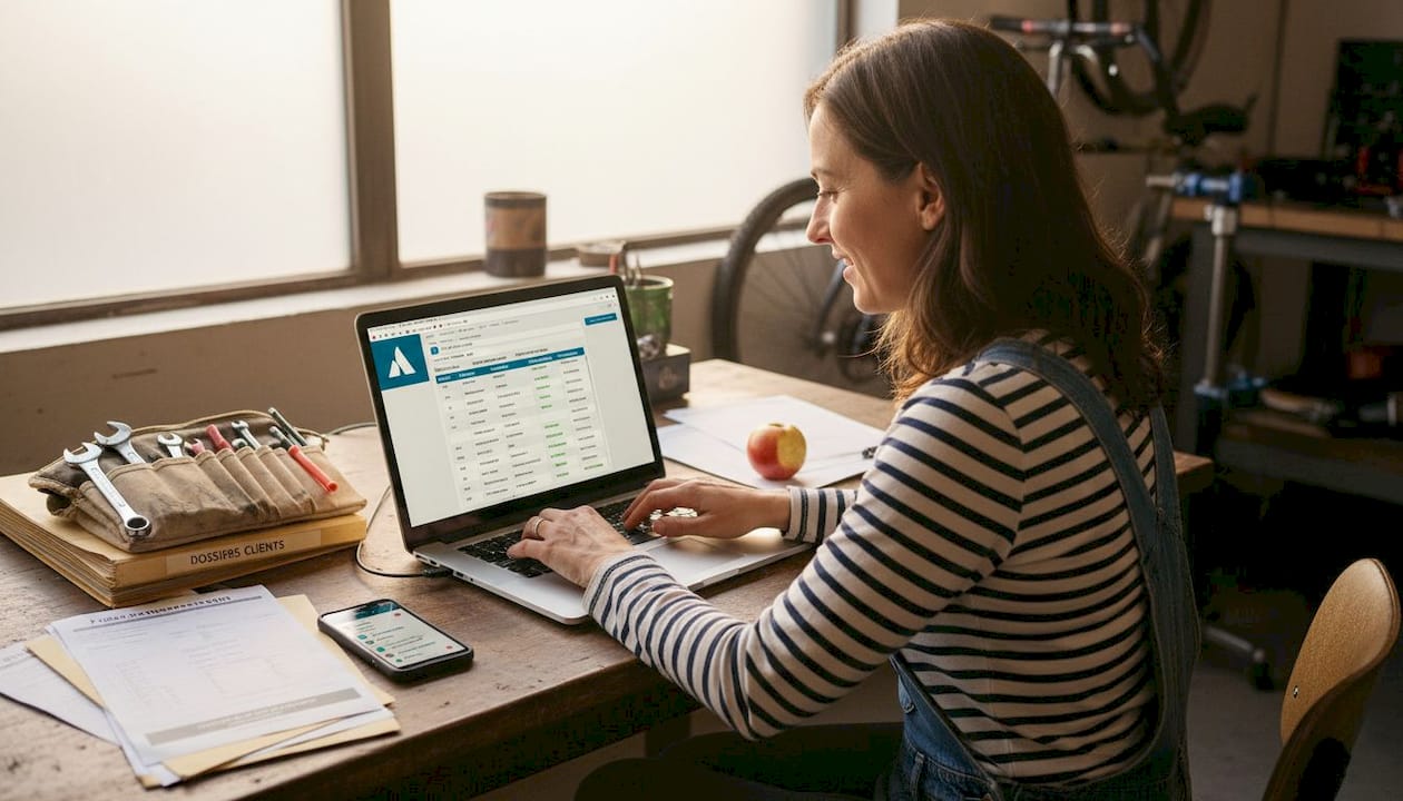 Le responsable saisit des informations dans le CRM tout en supervisant l’atelier vélo en pleine activité.