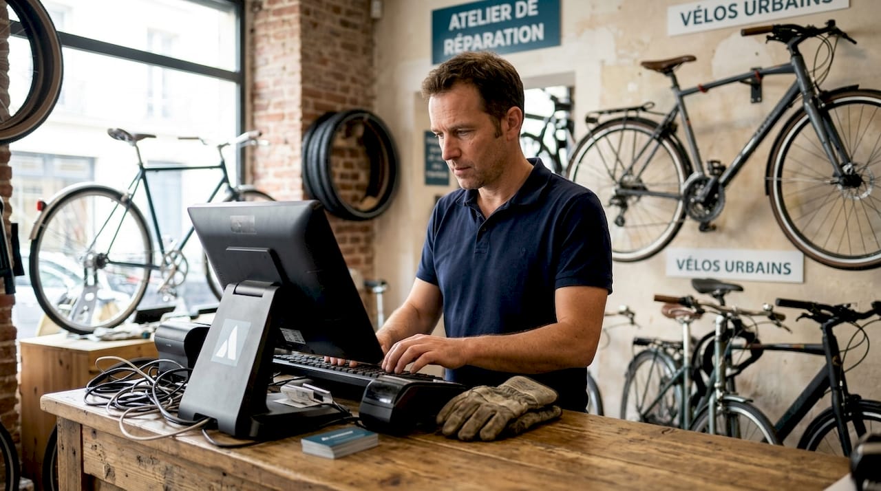 Un responsable de magasin en train d’encaisser des clients sur une caisse tactile