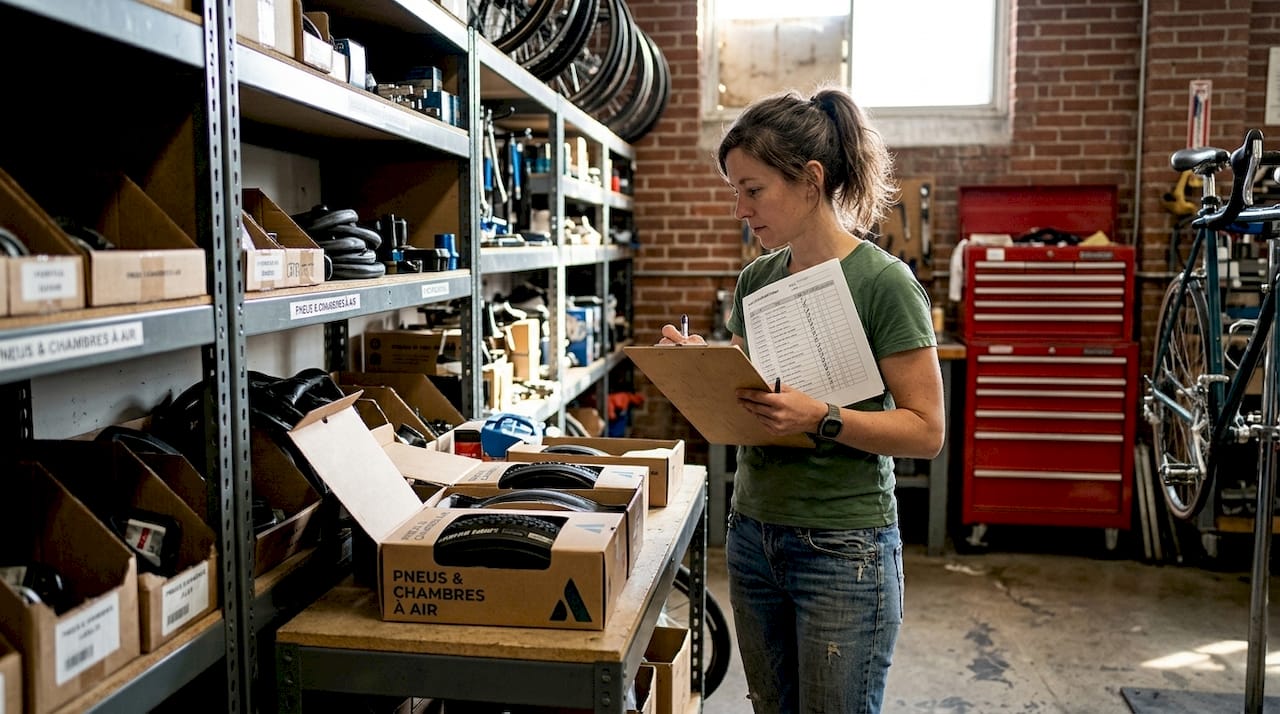 Le responsable vérifie l’inventaire dans la réserve du magasin de vélos.
