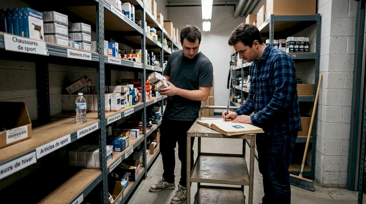 Une équipe procède à l’inventaire des produits dans la zone de stockage.