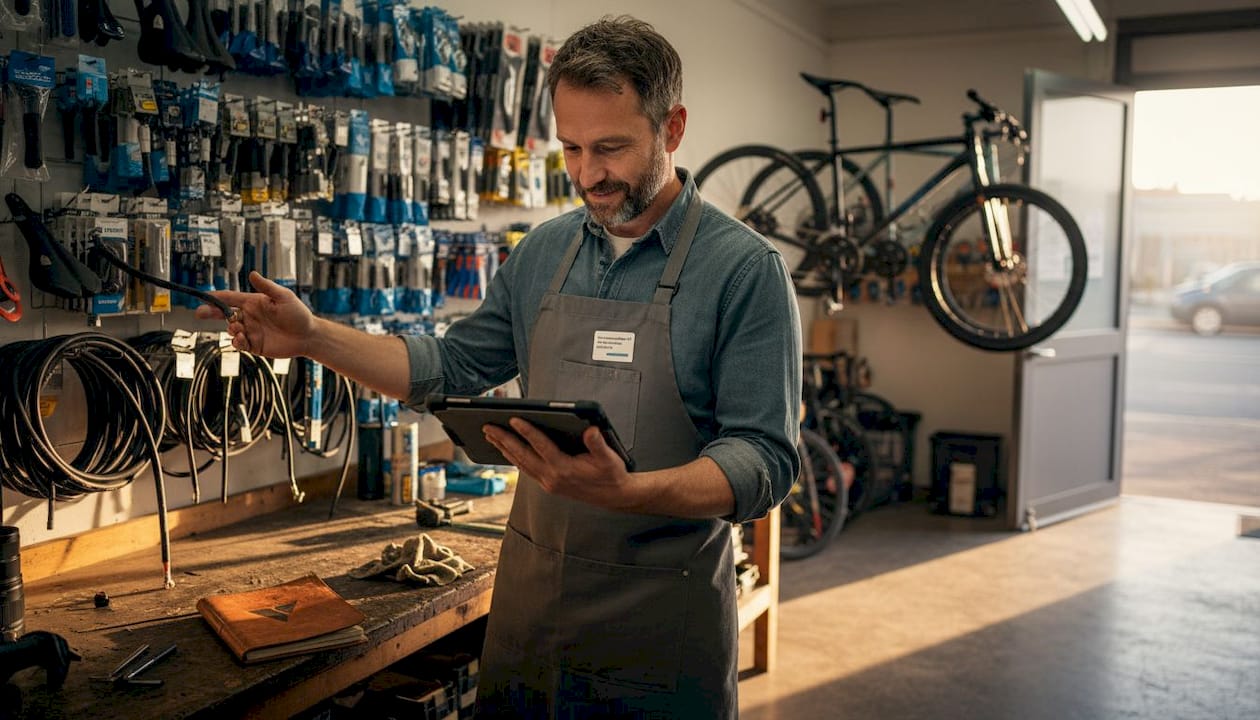 Le responsable de l’atelier vélo consulte les stocks sur sa tablette.