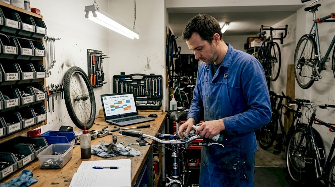 Un technicien vélo anime un atelier tout en continuant son travail.