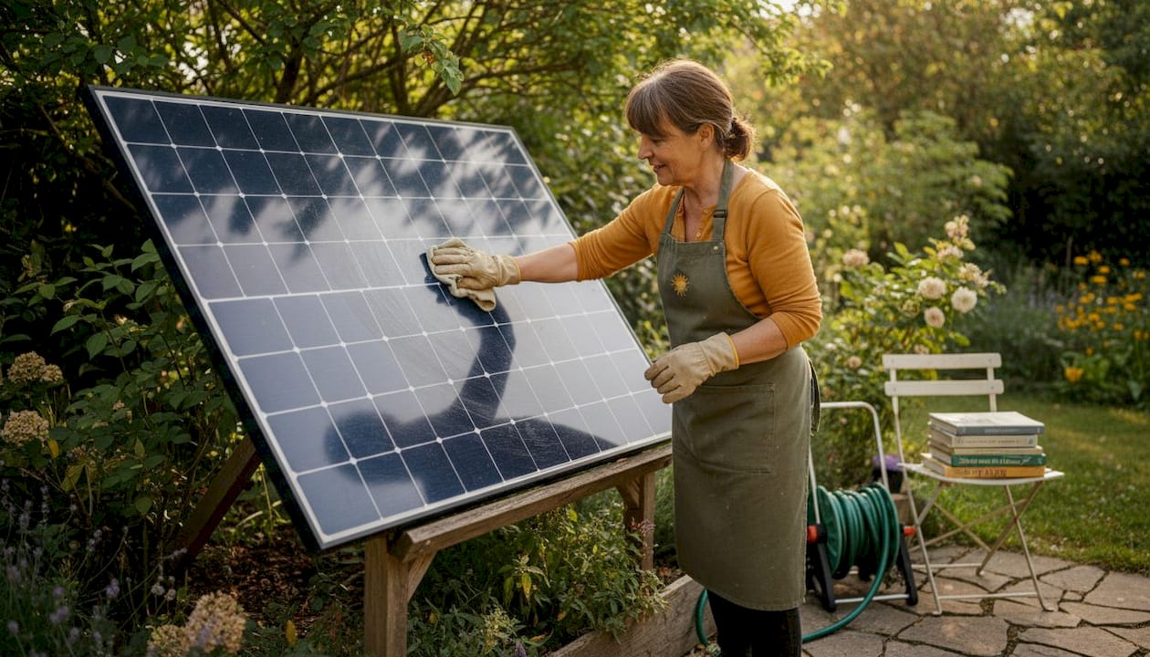 Un propriétaire veille à l’entretien de ses panneaux solaires Voltec installés dans son jardin.