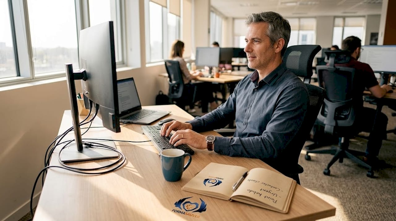 Un salarié installé devant son ordinateur adopte une posture ergonomique pour préserver son bien-être au travail.
